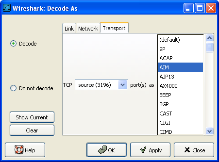 "Decode As" 对话框