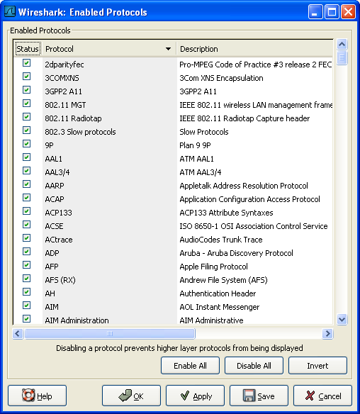 "Enabled Protocols"对话框