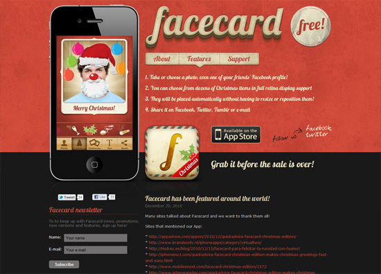 iOS app website design: Facecard iPhone App