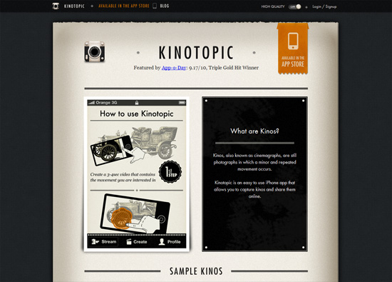 iOS app website design: Kinotopic